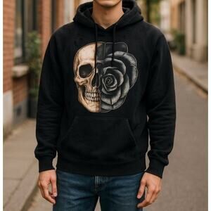 DOMREBEL Distressed Skull & Rose Graphic Men's Black Hoodie Size Small